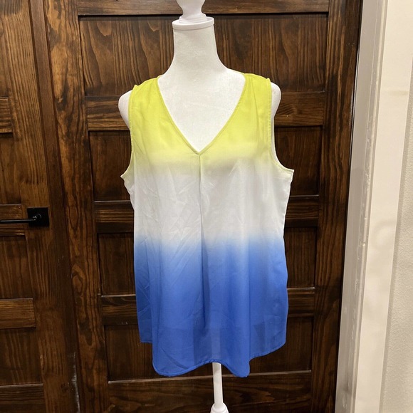 Liz Claiborne Shirt Women Small Lime Green Blue Colorblock V Neck Sheer Camisole - Picture 1 of 16